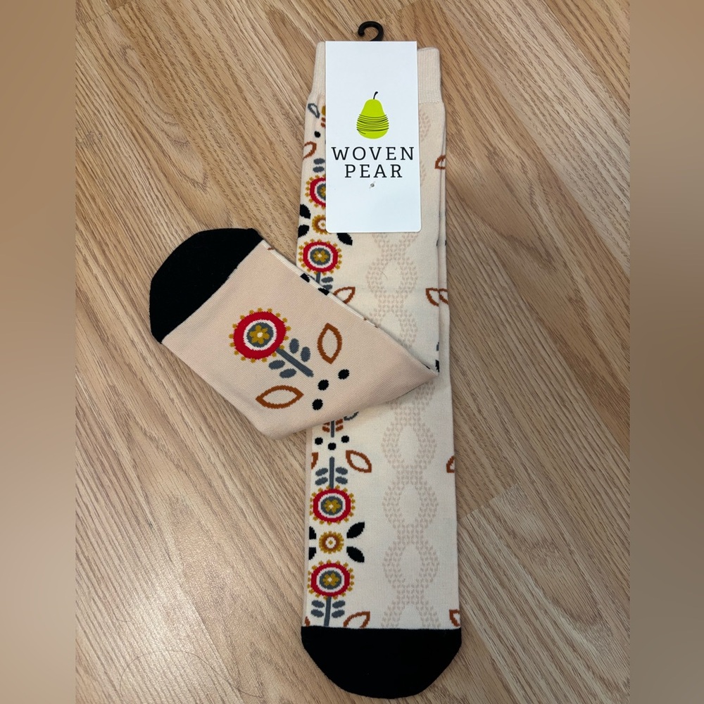 Cream and Black Floral Patterned Socks from Woven Pear